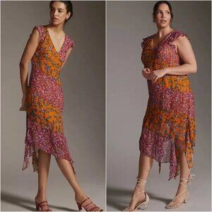 BY ANTHROPOLOGIE Floral Hanky-Hem Midi Dress Ruffle Sleeve OB1465463 Women Large